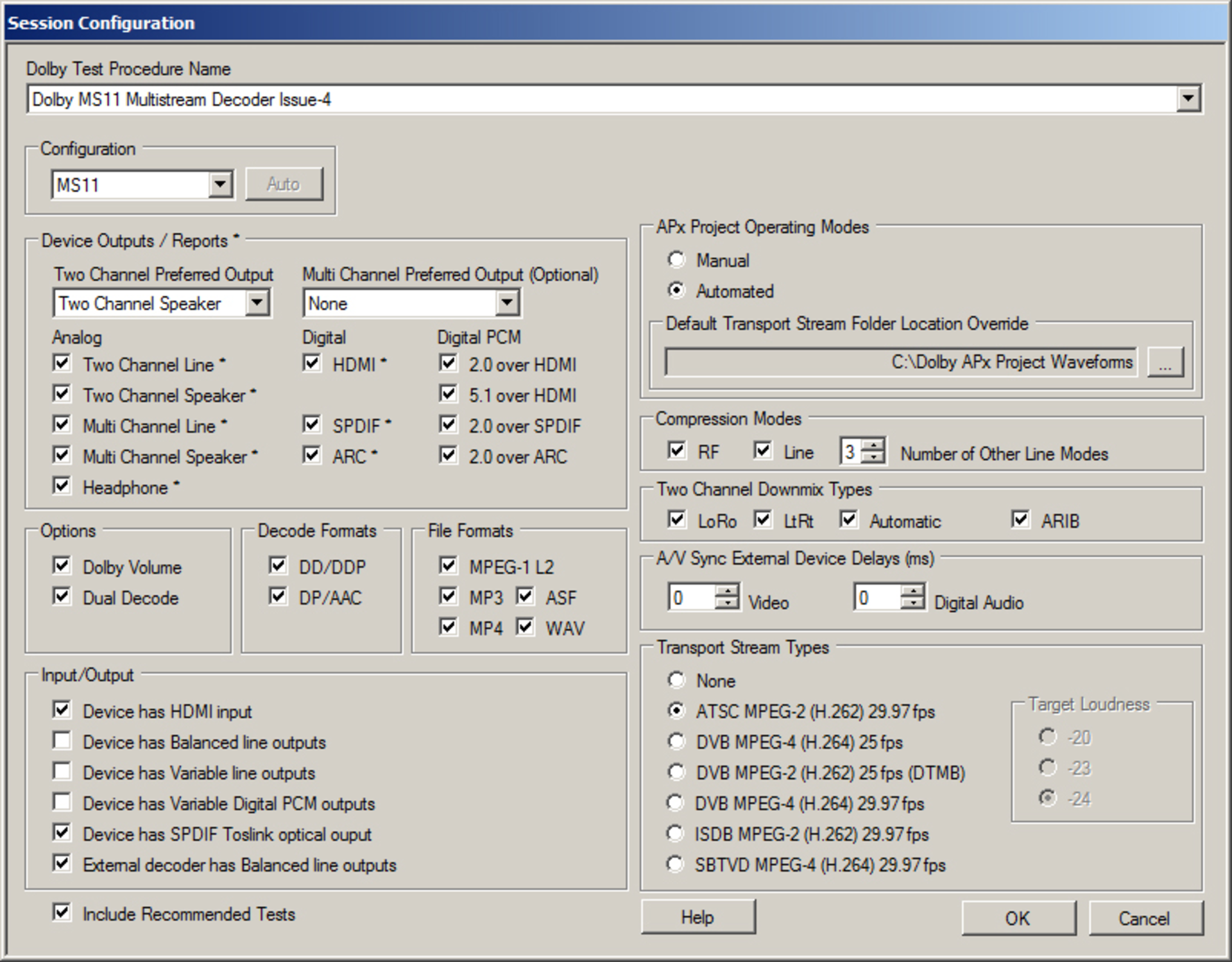 Configuration Screen Of Audio Precisions Test Solution For Dolby Ms11 Compliance Testing 030315