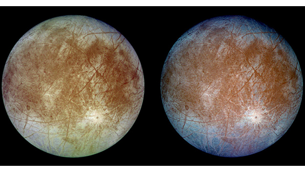 Two versions of Jupiter39s Europa moon Left Natural color image Right Falsecomposite combining violet green and infrared images to show the differences in the waterice crust