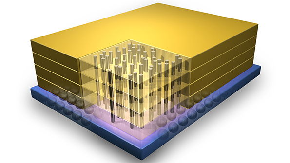 A graphical representation of a stack of individual chips connected by throughsilicon vias TSVs Image courtesy of IBM