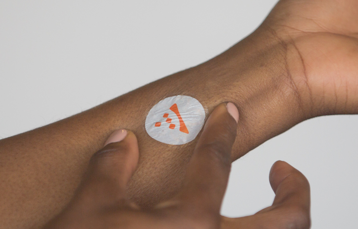 No larger than a postage stamp and as thin as a human hair these devices consist of an antenna and thinned nearfield communication chip mounted onto a stretchable adhesive Image courtesy of MC10