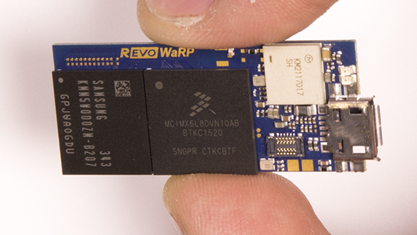 Revolution Robotics&rsquo; tiny Warp_0x01 module is ideal for prototyping wearable platforms that need wireless and computing power.