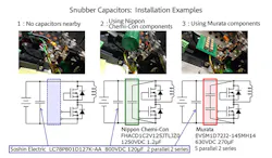 6. ROHM has experimented with both film and ceramic capacitors for its SiC power transistor snubbers. (Courtesy of ROHM) 6. ROHM has experimented with both film and ceramic capacitors for its SiC power transistor snubbers. (Courtesy of ROHM)