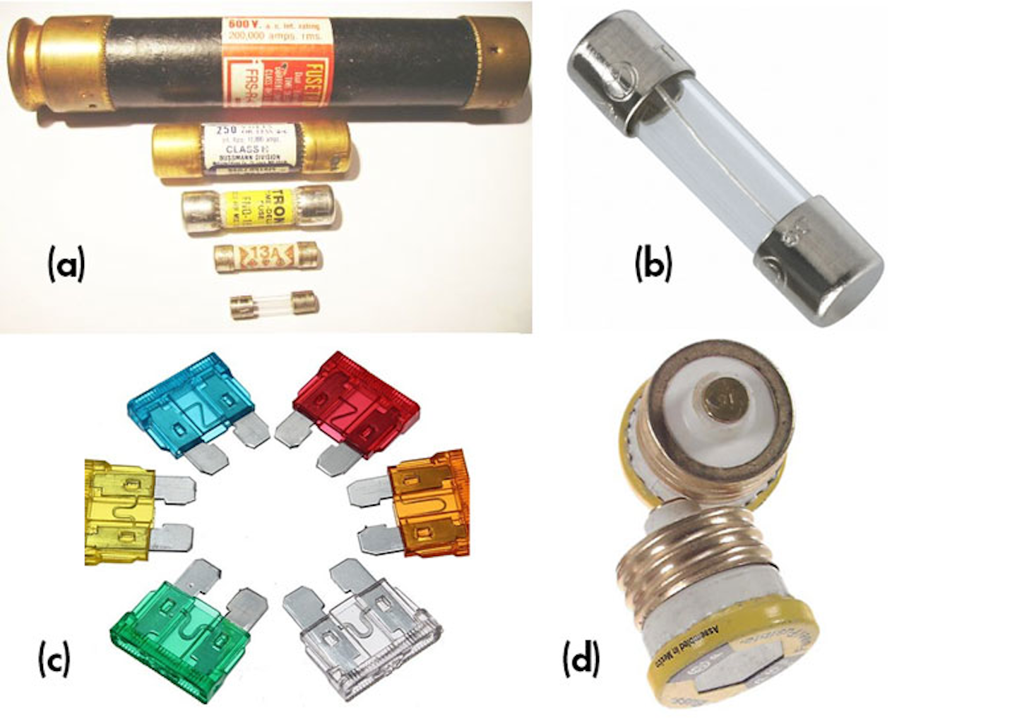 2. Fuses come in a wide range of form factors and current/voltage ratings (not to scale): Blade-type 15- and 20-A fuses commonly used for car circuits (12 V dc) (a); low-current “3AG” fuses for up to about 120 V ac (b), old-fashioned “S” and “T”-type screw-in fuses rated to 20 and 30 A used in 120-V ac power lines) (c); and larger fuses (50 A and higher) are often housed in cylinders called cartridges (d). (Image sources: Sunstore/UK; Source: Electrical Wholesaler/Ireland; RONA Langdon Hardware Ltd/Canada; and reviseOmatic.org)
