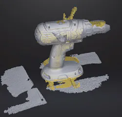 3. Realizing the scanner needed lighter-colored objects, I scanned in a hand drill. Putting the part on black felt would have eliminated the spurious parts of the scan. Inexperience accounts for the noise and shabbiness of the results. 3. Realizing the scanner needed lighter-colored objects, I scanned in a hand drill. Putting the part on black felt would have eliminated the spurious parts of the scan. Inexperience accounts for the noise and shabbiness of the results.