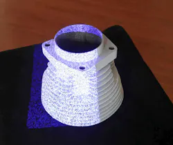 5. The rapid scan mode offers less resolution, but it doesn’t require you put little circular markers on the part. It projects what looks like a 2D bar-code on the part. You can judge the proper distance, since the pattern goes into focus when you’re at the optimum distance from the part. 5. The rapid scan mode offers less resolution, but it doesn’t require you put little circular markers on the part. It projects what looks like a 2D bar-code on the part. You can judge the proper distance, since the pattern goes into focus when you’re at the optimum distance from the part.