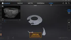 8. This is the dreaded “Track Lost” warning. The scanner has successfully used feature detection to maintain registration as I waved it over the top of the cylinder. However, it loses its place when I move down to do the sides, and it can’t be recovered. It was better to flip the cylinder upside down and start from that position. Impressively, you can flip the part back over, and if you have enough features taken already, the software will re-find its place in space. Then you can add to the scan. All of this tedium significantly increases the noise and errant points recorded. 8. This is the dreaded “Track Lost” warning. The scanner has successfully used feature detection to maintain registration as I waved it over the top of the cylinder. However, it loses its place when I move down to do the sides, and it can’t be recovered. It was better to flip the cylinder upside down and start from that position. Impressively, you can flip the part back over, and if you have enough features taken already, the software will re-find its place in space. Then you can add to the scan. All of this tedium significantly increases the noise and errant points recorded.