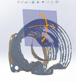 14. Once you have the mesh built or imported into SolidWorks, you use the section command to slice it in places. You put in a plane and sketch at these places, where you can then trace over the features in your mesh to make a real 3D solid model. You can subsequently suppress the mesh in the SolidWorks feature tree. 14. Once you have the mesh built or imported into SolidWorks, you use the section command to slice it in places. You put in a plane and sketch at these places, where you can then trace over the features in your mesh to make a real 3D solid model. You can subsequently suppress the mesh in the SolidWorks feature tree.