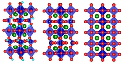 Strontium cobalt oxide (SCO) naturally occurs in an atomic configuration called brownmillerite (center). When oxygen ions are added to it (right), it becomes more orderly and with increased thermal conductivity. But when hydrogen ions are added (left), it becomes less orderly and has less such conductivity. (Source: MIT) Strontium cobalt oxide (SCO) naturally occurs in an atomic configuration called brownmillerite (center). When oxygen ions are added to it (right), it becomes more orderly and with increased thermal conductivity. But when hydrogen ions are added (left), it becomes less orderly and has less such conductivity. (Source: MIT)