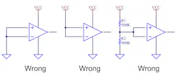 1. Wrong, wrong, and wrong. You should never tie the unused + and − pins of an amplifier together. It’s guaranteed to drive the output to one power rail or the other, and with a large expenditure of chip power-supply current. 1. Wrong, wrong, and wrong. You should never tie the unused + and − pins of an amplifier together. It’s guaranteed to drive the output to one power rail or the other, and with a large expenditure of chip power-supply current.