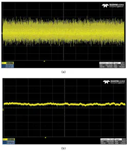 3. The signal before and after filter: The output of the boost regulator presents about 0.2% noise content when measured at C4 (before filter) (a). The post-filter output contains a much-improved noise content of just 0.002% (b). 3. The signal before and after filter: The output of the boost regulator presents about 0.2% noise content when measured at C4 (before filter) (a). The post-filter output contains a much-improved noise content of just 0.002% (b).