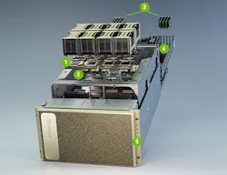 4. The DGX A100 holds eight A100 modules (1), six NVSwitches (2), nine Mellanox ConnectX-6 200-Gb/s interfaces (3), dual 64-core AMD CPUs (4), and 15 TB of Gen 3, NVMe SSDs (5). 4. The DGX A100 holds eight A100 modules (1), six NVSwitches (2), nine Mellanox ConnectX-6 200-Gb/s interfaces (3), dual 64-core AMD CPUs (4), and 15 TB of Gen 3, NVMe SSDs (5).
