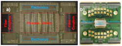 Presented in Paper JFS1-3 “A Monolithically Integrated Silicon Photonics 8×8 Switch in 90nm SOI CMOS” Jonathan E. Proesel, et al., of IBM are the 8x8 switch chip (a) and the packaged switch module mounted on the test PCB (b). (Credit: IEEE) Presented in Paper JFS1-3 “A Monolithically Integrated Silicon Photonics 8×8 Switch in 90nm SOI CMOS” Jonathan E. Proesel, et al., of IBM are the 8x8 switch chip (a) and the packaged switch module mounted on the test PCB (b). (Credit: IEEE)