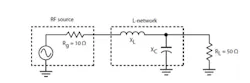 2. The RF source is a transistor amplifier with an output impedance of 10 Ω that is to be matched to 50-Ω output impedance load. The L-network with a parallel output capacitor is used. 2. The RF source is a transistor amplifier with an output impedance of 10 Ω that is to be matched to 50-Ω output impedance load. The L-network with a parallel output capacitor is used.
