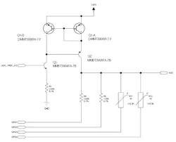 The Q1-Q3 transistors and R1 resistor form a constant-current source that sources about 1 mA using a 2.5-V ADC voltage reference. The Q1-Q3 transistors and R1 resistor form a constant-current source that sources about 1 mA using a 2.5-V ADC voltage reference.
