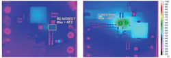 3. Under identical test conditions and using similar component selection, the synchronous LT3762 (left) powers a 32-V string of LEDs at 2 A with far less temperature rise than observed in an asynchronous LT3755-2 circuit (right). This increase in thermal performance is attributed to replacing the Schottky catch diode with a synchronous MOSFET, which eliminates the loss caused by the forward voltage drop of the diode. 3. Under identical test conditions and using similar component selection, the synchronous LT3762 (left) powers a 32-V string of LEDs at 2 A with far less temperature rise than observed in an asynchronous LT3755-2 circuit (right). This increase in thermal performance is attributed to replacing the Schottky catch diode with a synchronous MOSFET, which eliminates the loss caused by the forward voltage drop of the diode.