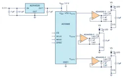 1. This simplified schematic depicts an LED driver for control of three separate LEDs. 1. This simplified schematic depicts an LED driver for control of three separate LEDs.