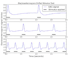4. This is the EAG response to a hand-puffed stimulus using a disposable pipette placed perpendicular to the intake of a mini-wind tunnel containing the EAG, and loaded with a precisely mixed floral scent. 4. This is the EAG response to a hand-puffed stimulus using a disposable pipette placed perpendicular to the intake of a mini-wind tunnel containing the EAG, and loaded with a precisely mixed floral scent.