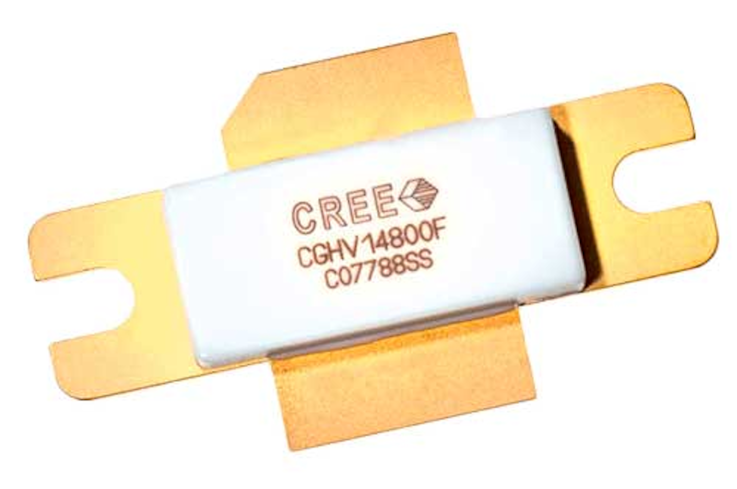 1. High-power GaN discrete transistors require rugged metal/ceramic packages to help dissipate heat, such as used with this L-band GaN-on-SiC transistor for L-band applications from 960 to 1400 MHz. (Courtesy of Wolfspeed/Cree)