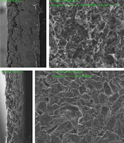 Scanning-electron-microscope (SEM) images obtained while investigating the coulombic efficiencies of the experimental electrolytes measured in lab tests by Li stripping/plating on copper current collectors using the LiFSI/DMTMSA electrolyte. The images show the cross-section views (a and c) and the surface morphology (b and d) of the LMA collected from Li || NMC811 cells with the investigated electrolytes after 100 cycles, where the charge/discharge current was held at 0.5 C. (Courtesy of the researchers) Scanning-electron-microscope (SEM) images obtained while investigating the coulombic efficiencies of the experimental electrolytes measured in lab tests by Li stripping/plating on copper current collectors using the LiFSI/DMTMSA electrolyte. The images show the cross-section views (a and c) and the surface morphology (b and d) of the LMA collected from Li || NMC811 cells with the investigated electrolytes after 100 cycles, where the charge/discharge current was held at 0.5 C. (Courtesy of the researchers)