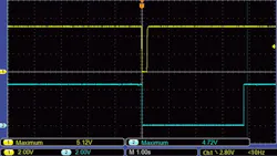 4. Trigger pulse and the output from gate U1B (in blue color), which puts transistor Q2 in cutoff. 4. Trigger pulse and the output from gate U1B (in blue color), which puts transistor Q2 in cutoff.