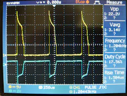 4. The plot depicts the Joule Thief waveforms with collector voltage (yellow) and base voltage (blue). 4. The plot depicts the Joule Thief waveforms with collector voltage (yellow) and base voltage (blue).