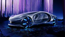 Each wheel can be driven separately. Due to the possibility of driving the front and rear axles simultaneously or in opposite ways, the VISION AVTR can move sideways by approximately 30 degrees. (Source: Mercedes-Benz) Each wheel can be driven separately. Due to the possibility of driving the front and rear axles simultaneously or in opposite ways, the VISION AVTR can move sideways by approximately 30 degrees. (Source: Mercedes-Benz)