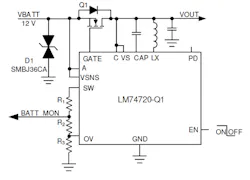 1. The basic LM74720-Q1 configuration provides the ideal diode for ripple rectification. 1. The basic LM74720-Q1 configuration provides the ideal diode for ripple rectification.