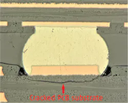2. Cracked PCB top layer due to thermal stress. 2. Cracked PCB top layer due to thermal stress.