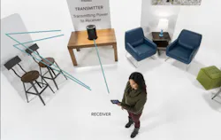 After the transmitter receives the signals from the receiver, it sends power back using the same paths. Reflections will take the power back to the receiver's position. This is done many times per second to handle moving receivers. After the transmitter receives the signals from the receiver, it sends power back using the same paths. Reflections will take the power back to the receiver's position. This is done many times per second to handle moving receivers.