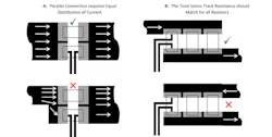 5. Parallel connection requires equal distribution of current (A). The total series track resistance should match for all resistors (B). 5. Parallel connection requires equal distribution of current (A). The total series track resistance should match for all resistors (B).