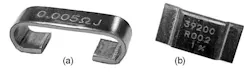 3. Illustrated are an open-air format metal-alloy resistor (a), and a flat-chip format metal-alloy resistor (b). 3. Illustrated are an open-air format metal-alloy resistor (a), and a flat-chip format metal-alloy resistor (b).