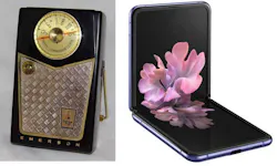 1. Transistor radios in the 1950s had half-a-dozen transistors (left). The Samsung Galaxy Z Flip has a folding AMOLED screen with 2636 × 1080 resolution and a 64-bit, 8-core system-on-chip with gigabytes of storage (right). (Courtesy of Joe Haupt from USA (left), and Samsung (right)) 1. Transistor radios in the 1950s had half-a-dozen transistors (left). The Samsung Galaxy Z Flip has a folding AMOLED screen with 2636 × 1080 resolution and a 64-bit, 8-core system-on-chip with gigabytes of storage (right). (Courtesy of Joe Haupt from USA (left), and Samsung (right))
