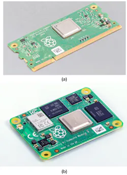 3. The Raspberry Pi Compute 3+ (a) and Compute 4 (b) are COM systems designed for industrial carrier boards. 3. The Raspberry Pi Compute 3+ (a) and Compute 4 (b) are COM systems designed for industrial carrier boards.
