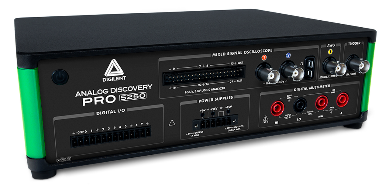 2. The Analog Discovery Pro 5250 includes a dual channel analog and 32-channel digital oscilloscope in addition to network, spectrum and logic analyzer support.