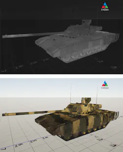 5. Here’s an example of synthetic training data of a tank in thermal imaging and in visible light. (Credit: CVEDIA) 5. Here’s an example of synthetic training data of a tank in thermal imaging and in visible light. (Credit: CVEDIA)