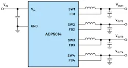 1. An ADP5014 is one example of a dc-dc converter that can generate up to four output voltages from one input voltage (simplified representation). 1. An ADP5014 is one example of a dc-dc converter that can generate up to four output voltages from one input voltage (simplified representation).