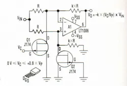 1. The JFETs in this voltage-controller amplifier act as linear resistors because the op amp constrains their drain-to-source voltages to a few tenths of a volt. 1. The JFETs in this voltage-controller amplifier act as linear resistors because the op amp constrains their drain-to-source voltages to a few tenths of a volt.