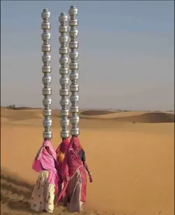 The image shows women collecting water, miles away from their home, during the long and hot summers in Adyar, India. The image shows women collecting water, miles away from their home, during the long and hot summers in Adyar, India.