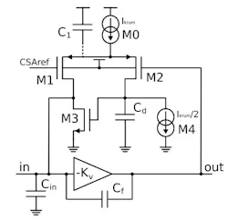 5. Shown is a schematic of a CSA with feedback circuitry. (Courtesy of Reference 3) 5. Shown is a schematic of a CSA with feedback circuitry. (Courtesy of Reference 3)