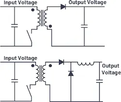 1. Shown are the flyback converter (top) and forward converter (bottom) topologies. 1. Shown are the flyback converter (top) and forward converter (bottom) topologies.