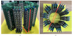 2. Air-cooled 1-MW inverter system based on distributed power conversion: The full inverter system comprises ten 100-kW inverter sets, with each inverter set comprising three single-phase full-bridge inverters maintaining tightly coupled DC inputs. The inverters are designed to be arranged radially in a decagonal pattern and coaxially with (and in close proximity to) a 1-MW machine. Side view (a) and top view (b) as seen into the axial dimension of the motor drive. 2. Air-cooled 1-MW inverter system based on distributed power conversion: The full inverter system comprises ten 100-kW inverter sets, with each inverter set comprising three single-phase full-bridge inverters maintaining tightly coupled DC inputs. The inverters are designed to be arranged radially in a decagonal pattern and coaxially with (and in close proximity to) a 1-MW machine. Side view (a) and top view (b) as seen into the axial dimension of the motor drive.