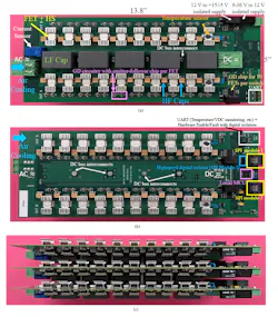 3. Hardware pictures in (a, b) show the high- and low-side FET views of one 33.3-kW single-phase full-bridge board, respectively, while (c) shows a top view of one 100-kW full-bridge inverter set. 3. Hardware pictures in (a, b) show the high- and low-side FET views of one 33.3-kW single-phase full-bridge board, respectively, while (c) shows a top view of one 100-kW full-bridge inverter set.