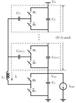 2. Here’s a single-phase, N-to-1, stacked resonant switched capacitor (ResSC). (Image courtesy of Reference 3) 2. Here’s a single-phase, N-to-1, stacked resonant switched capacitor (ResSC). (Image courtesy of Reference 3)