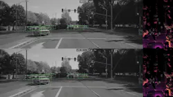 2. The top half of the figure shows a scene overlaid with 3D bounding boxes generated by the network running at 32-bit floating-point precision. The bottom half of the figure shows the 3D bounding boxes predicted by the Recogni 3DOD pipeline after optimization of the weights and activations using the three tips described in this article. Again, the differences between the ground-truth and predicted bounding boxes are minor. 2. The top half of the figure shows a scene overlaid with 3D bounding boxes generated by the network running at 32-bit floating-point precision. The bottom half of the figure shows the 3D bounding boxes predicted by the Recogni 3DOD pipeline after optimization of the weights and activations using the three tips described in this article. Again, the differences between the ground-truth and predicted bounding boxes are minor.