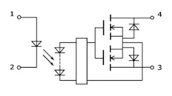 1. As exemplified in the internal block diagram of Toshiba’s TLP3475W, the photorelay naturally simplifies the complexity of such a “simple” device, but it provides the user with needed information. Pin connections are anode (1), cathode (2), and drain (3,4). 1. As exemplified in the internal block diagram of Toshiba’s TLP3475W, the photorelay naturally simplifies the complexity of such a “simple” device, but it provides the user with needed information. Pin connections are anode (1), cathode (2), and drain (3,4).
