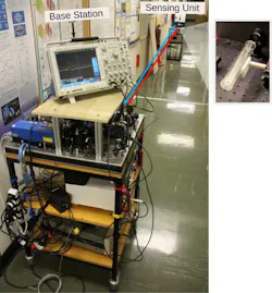 2. Free-space-coupled setup outside the laboratory. The base station and the sensing unit are mounted on two movable trolleys and were placed at separations of up to 30 meters (pictured here at 12 meters). The optical board used for the base station is one-meter square. The photo on the right shows the sensing unit: a rubidium vapor cell and a retroreflector. 2. Free-space-coupled setup outside the laboratory. The base station and the sensing unit are mounted on two movable trolleys and were placed at separations of up to 30 meters (pictured here at 12 meters). The optical board used for the base station is one-meter square. The photo on the right shows the sensing unit: a rubidium vapor cell and a retroreflector.