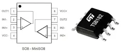 The TSB182 uses the standard pinout for dual op amps in an 8-lead package. It’s offered in both MiniSO-8 and slightly larger SO-8 packages. The TSB182 uses the standard pinout for dual op amps in an 8-lead package. It’s offered in both MiniSO-8 and slightly larger SO-8 packages.