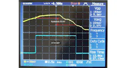 8. Standby signal: yellow trace—PV current 106 mA/div; blue trace—Standby signal 2 V/div., hysteresis 50 mV (106 mA). 8. Standby signal: yellow trace—PV current 106 mA/div; blue trace—Standby signal 2 V/div., hysteresis 50 mV (106 mA).