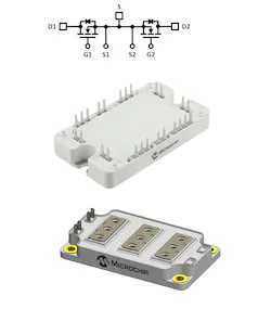 1. The schematic highlights the innards of these SiC common-source power modules from Microchip. 1. The schematic highlights the innards of these SiC common-source power modules from Microchip.