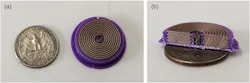 1. MIT researchers modified a multimaterial 3D printer so that it could produce three-dimensional solenoids in one step by layering ultra-thin coils of three different materials. It prints an eight-layer, U.S. quarter-sized solenoid as a spiral by layering material around the soft magnetic core, with thicker conductive layers separated by thin insulating layers. (a) is the top view next to a U.S. quarter, and (b) is a cut view on top of a U.S. quarter. 1. MIT researchers modified a multimaterial 3D printer so that it could produce three-dimensional solenoids in one step by layering ultra-thin coils of three different materials. It prints an eight-layer, U.S. quarter-sized solenoid as a spiral by layering material around the soft magnetic core, with thicker conductive layers separated by thin insulating layers. (a) is the top view next to a U.S. quarter, and (b) is a cut view on top of a U.S. quarter.